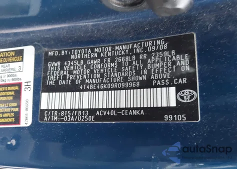 2009 Toyota Camry из США, поврежденный, VIN 4T4BE46K09R099968